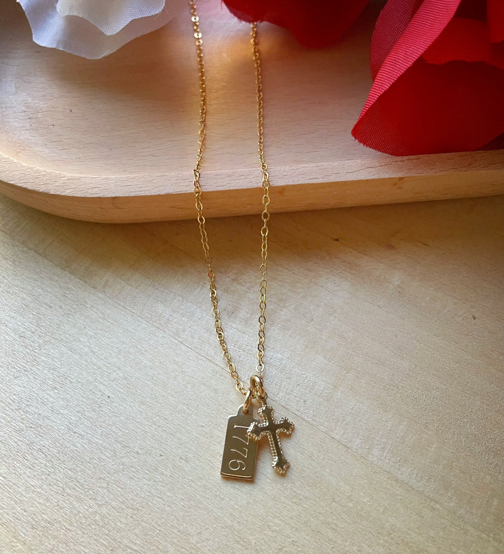 1776 Cross gold filled charm necklace