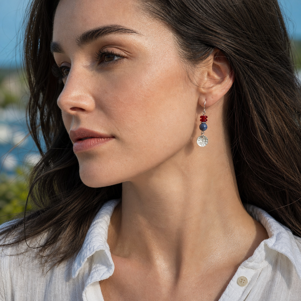 Red white blue silver disc earrings