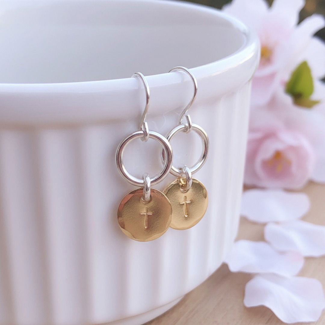 Mixed metal cross earrings