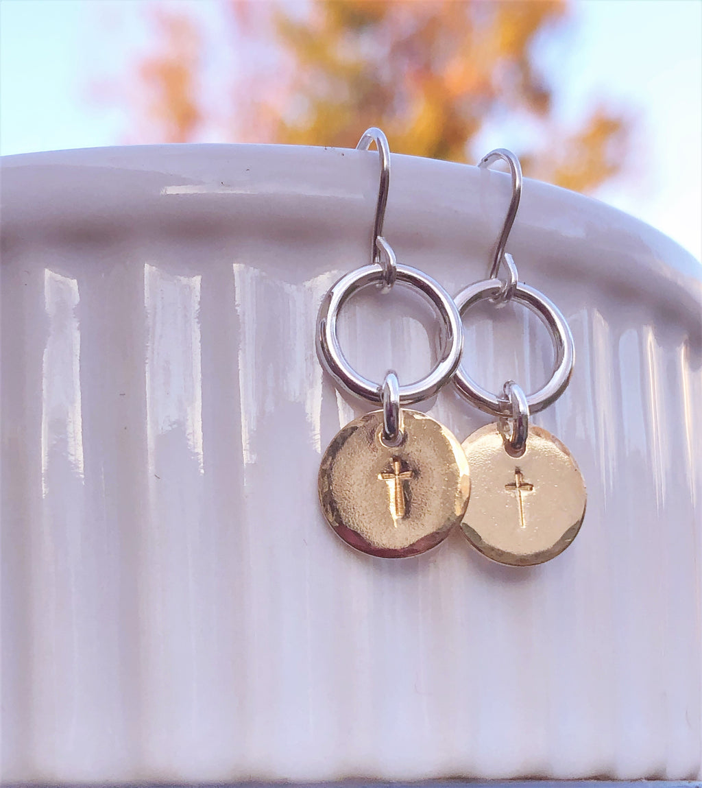 Mixed metal cross earrings