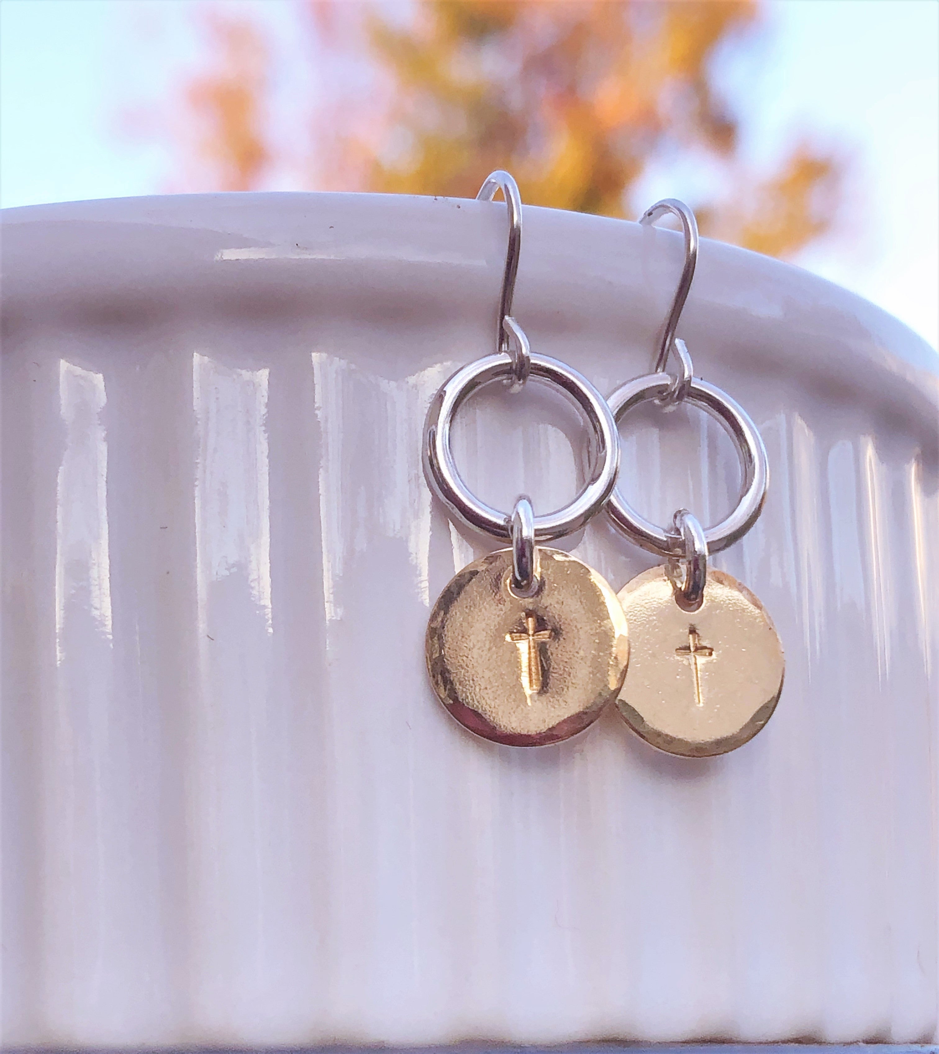 Mixed metal cross earrings