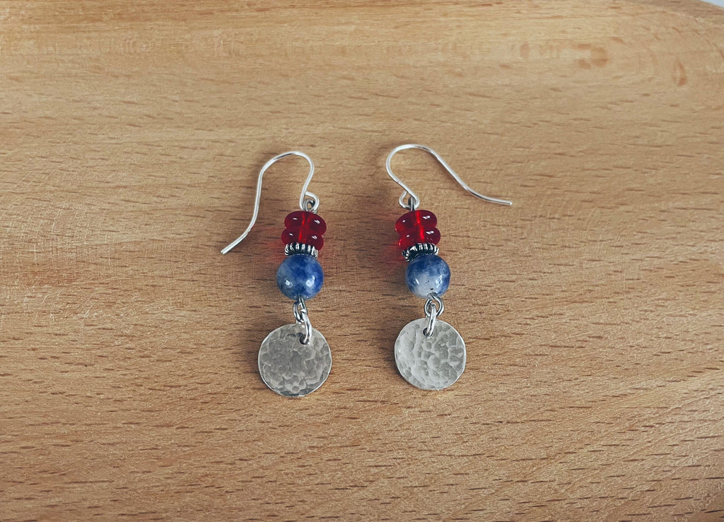 Red white blue silver disc earrings