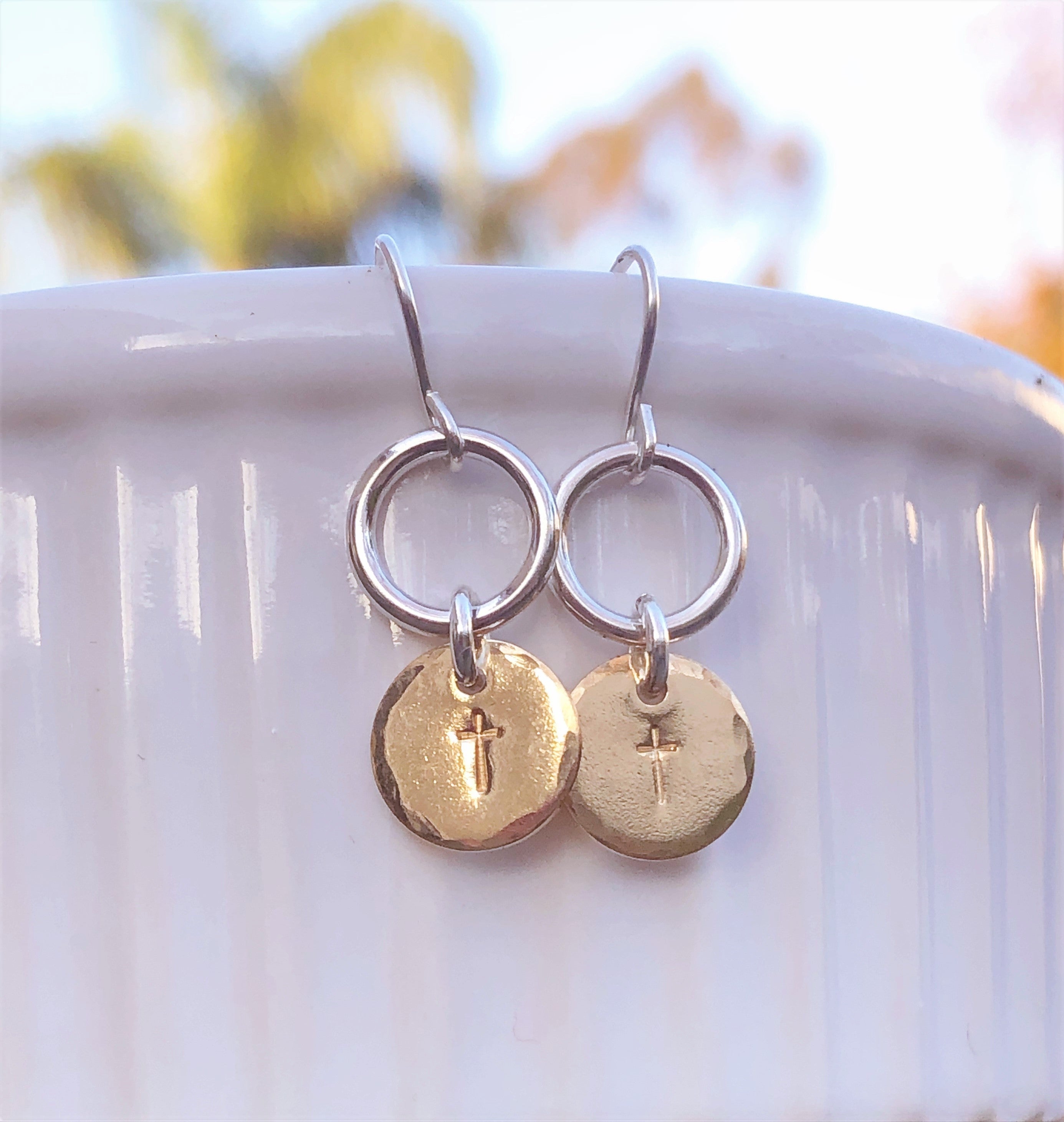 Mixed metal cross earrings