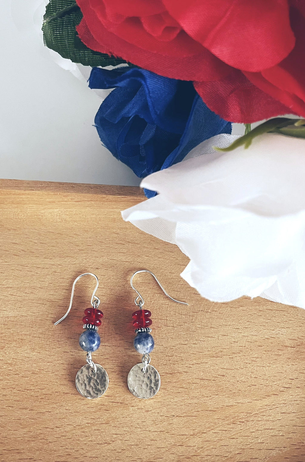 Red white blue silver disc earrings